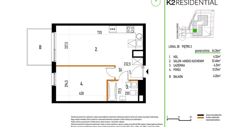 Rzut - Mieszkanie na sprzedaż 2 pokoje o powierzchni 44,36 m² - numer 28 w Kowalskiego 37