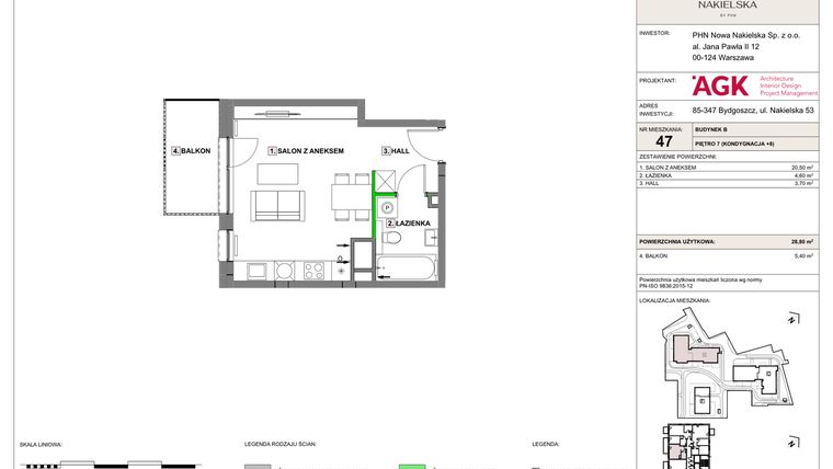 Rzut - Mieszkanie na sprzedaż 1 pokój o powierzchni 28,8 m² - numer NN-B-LM-47 w Nowa Nakielska by PHN