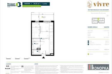 Rzut - Mieszkanie na sprzedaż 1 pokój o powierzchni 34,25 m² - numer AA0208 w Vivre