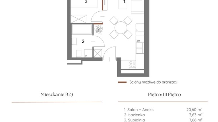 Rzut - Mieszkanie na sprzedaż 1 pokój o powierzchni 32,34 m² - numer B23 w Dąbrowskiego 9