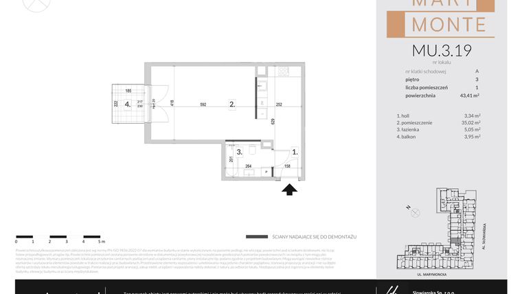 Rzut - Mieszkanie na sprzedaż 1 pokój o powierzchni 43,41 m² - numer MU.3.19 w Marimonte - apartamenty inwestycyjne
