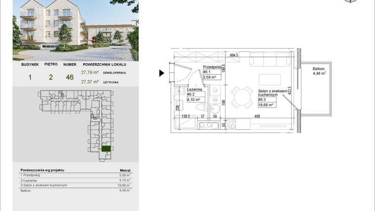 Rzut - Mieszkanie na sprzedaż 1 pokój o powierzchni 27,37 m² - numer A46 w Aleja Mickiewicza