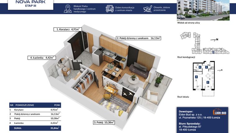 Rzut - Mieszkanie na sprzedaż 2 pokoje o powierzchni 35,84 m² - numer 127 w Nova Park etap III