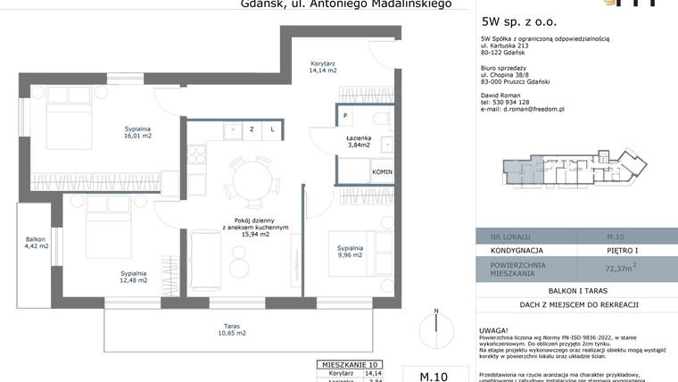Rzut - Mieszkanie na sprzedaż 3 pokoje o powierzchni 49,67 m² - numer M10 w Madalińskiego