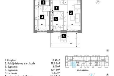Rzut - Mieszkanie na sprzedaż 3 pokoje o powierzchni 52,36 m² - numer A1/1/3 w Metr Kwadrat