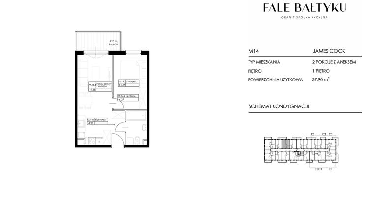 Rzut - Mieszkanie na sprzedaż 2 pokoje o powierzchni 37,9 m² - numer FBJC-M14 w Fale Bałtyku Cook