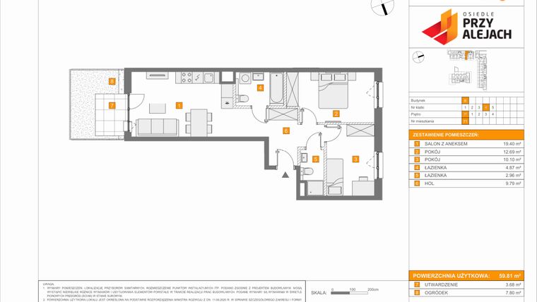 Rzut - Mieszkanie na sprzedaż 3 pokoje o powierzchni 59,81 m² - numer B71 w Osiedle Przy Alejach etap 2