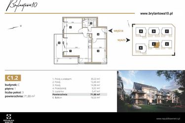 Rzut - Mieszkanie na sprzedaż 3 pokoje o powierzchni 71,88 m² - numer C1.2 w Brylantowa 10