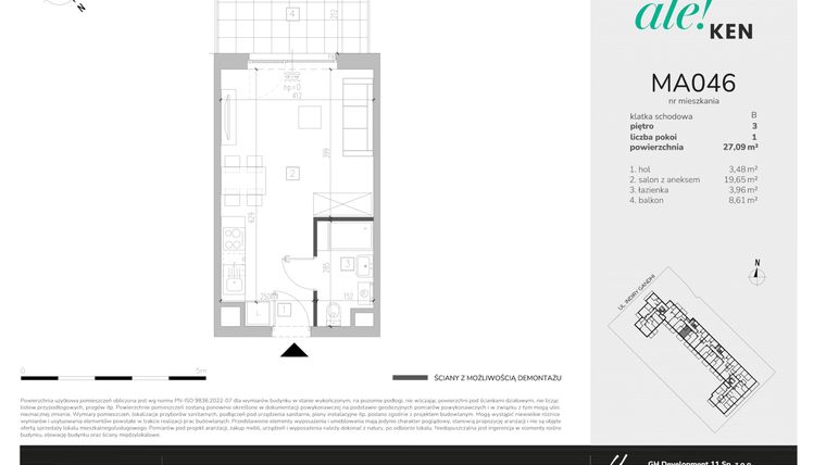 Rzut - Mieszkanie na sprzedaż 1 pokój o powierzchni 27,09 m² - numer MA046 w Ale!Ken