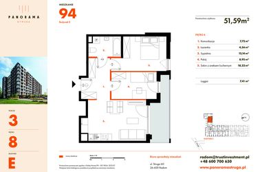 Rzut - Mieszkanie na sprzedaż 3 pokoje o powierzchni 51,59 m² - numer E94 w Panorama Struga