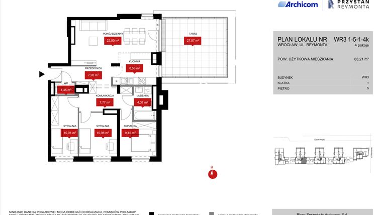Rzut - Mieszkanie na sprzedaż 4 pokoje o powierzchni 83,21 m² - numer WR3 1/5/1/4k w Przystań Reymonta etap II
