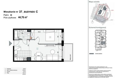 Rzut - Mieszkanie na sprzedaż 2 pokoje o powierzchni 44,76 m² - numer C37 w Apartamenty Kopernika