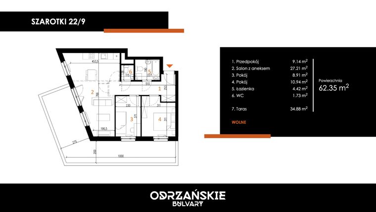 Rzut - Mieszkanie na sprzedaż 3 pokoje o powierzchni 62,35 m² - numer 22/9 w Odrzańskie Bulvary