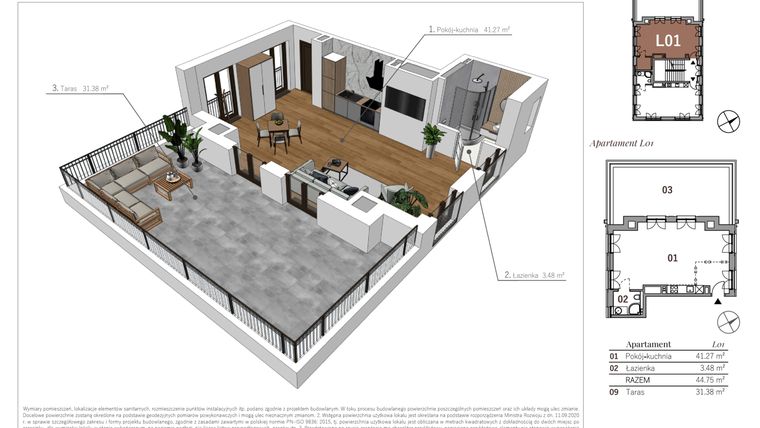 Rzut - Mieszkanie na sprzedaż 1 pokój o powierzchni 44,75 m² - numer L01 w Przy Parku etap II