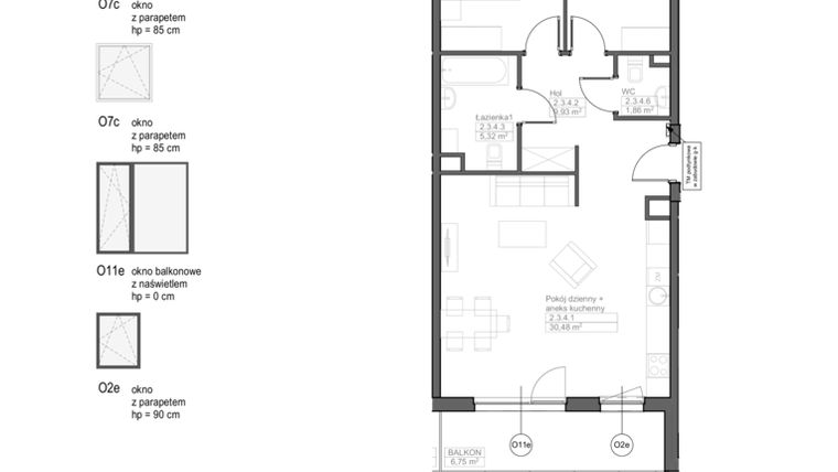 Rzut - Mieszkanie na sprzedaż 3 pokoje o powierzchni 70,39 m² - numer F.2.3.4 w Optima VII