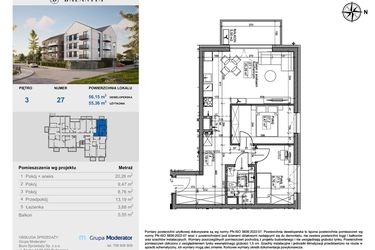 Rzut - Mieszkanie na sprzedaż 3 pokoje o powierzchni 55,36 m² - numer 27 w Balantia