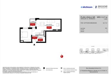 Rzut - Mieszkanie na sprzedaż 1 pokój o powierzchni 42,17 m² - numer WR3 1/3/7/1a w Przystań Reymonta etap II