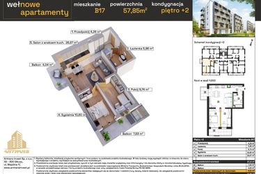 Rzut - Mieszkanie na sprzedaż 3 pokoje o powierzchni 58,5 m² - numer B17 w Osiedle Wełnowe Apartamenty