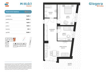 Rzut - Mieszkanie na sprzedaż 3 pokoje o powierzchni 68,12 m² - numer M III.0.1 w Glogera Bricks
