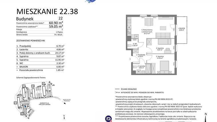 Rzut - Mieszkanie na sprzedaż 3 pokoje o powierzchni 59,05 m² - numer 22.38 w Osiedle Pastelowe etap IV