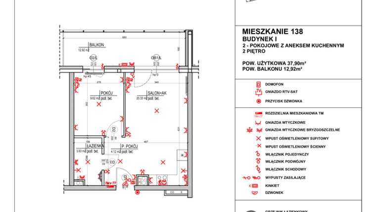 Rzut - Mieszkanie na sprzedaż 2 pokoje o powierzchni 37,9 m² - numer I.138 w Osiedle 4 Pory Roku - Budynki IJK