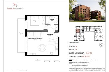 Rzut - Mieszkanie na sprzedaż 2 pokoje o powierzchni 48,9 m² - numer A-01-05 w Siedlecka Residence