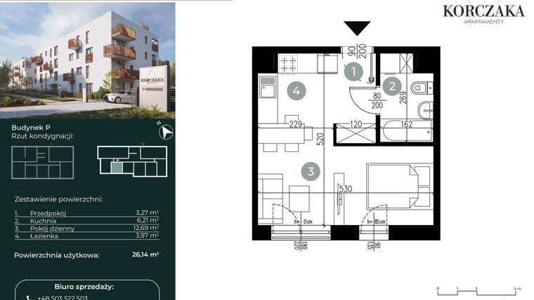 Rzut - Mieszkanie na sprzedaż 1 pokój o powierzchni 26,14 m² - numer P.III.06 w Korczaka Apartamenty