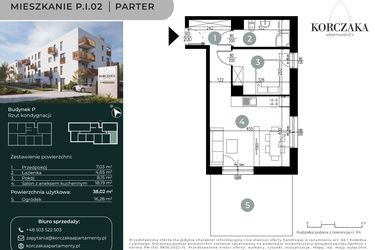 Rzut - Mieszkanie na sprzedaż 2 pokoje o powierzchni 38,02 m² - numer P.I.02 w Korczaka Apartamenty