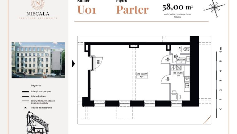 Rzut - Lokal użytkowy na sprzedaż 1 pokój o powierzchni 58 m² - numer U1 w Niecała Prestige Residence