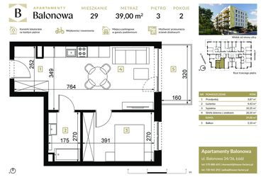 Rzut - Mieszkanie na sprzedaż 2 pokoje o powierzchni 39 m² - numer 29 w Apartamenty Balonowa