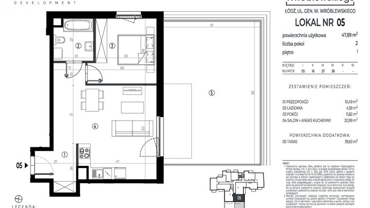Rzut - Mieszkanie na sprzedaż 2 pokoje o powierzchni 47,89 m² - numer A05 w Wróblewskiego