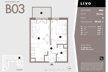 Rzut - Mieszkanie na sprzedaż 2 pokoje o powierzchni 39,63 m² - numer B03 w Livo