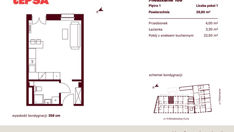 Rzut - Mieszkanie na sprzedaż 1 pokój o powierzchni 29,8 m² - numer M108 w Tepsa Kato