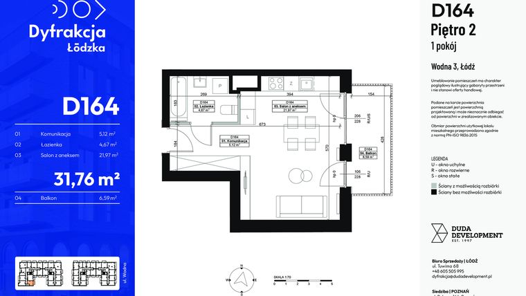 Rzut - Mieszkanie na sprzedaż 1 pokój o powierzchni 31,76 m² - numer D164 w Dyfrakcja Łódzka - bud. CD