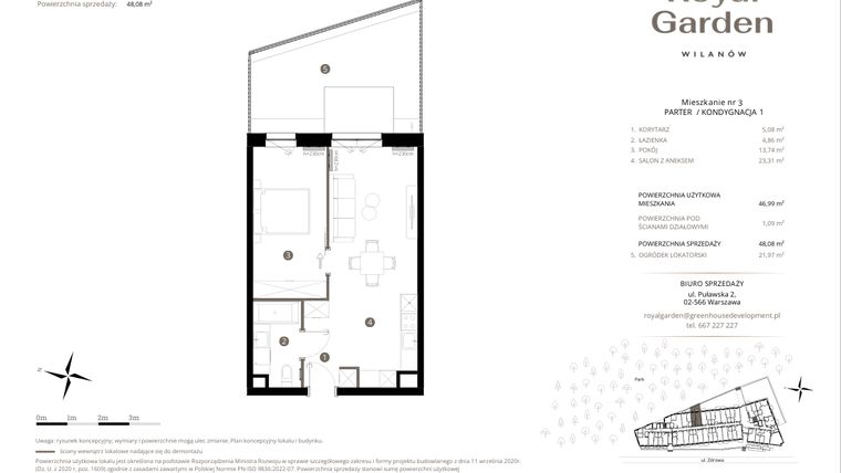 Rzut - Mieszkanie na sprzedaż 2 pokoje o powierzchni 46,99 m² - numer M.03 w Royal Garden Wilanów