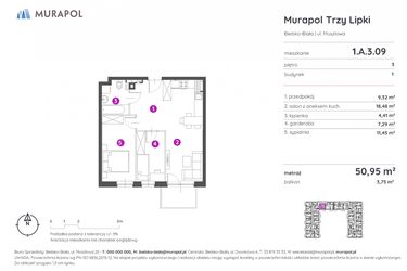 Rzut - Mieszkanie na sprzedaż 2 pokoje o powierzchni 50,95 m² - numer 1.A.3.09 w Murapol Trzy Lipki
