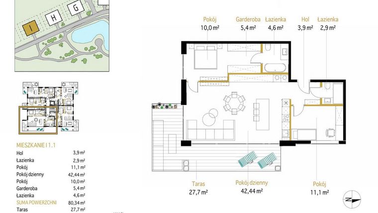 Rzut - Mieszkanie na sprzedaż 3 pokoje o powierzchni 80,34 m² - numer 1.1/I w Panorama Park