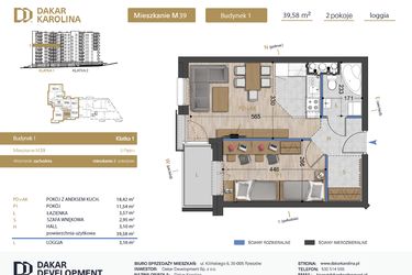 Rzut - Mieszkanie na sprzedaż 2 pokoje o powierzchni 39,58 m² - numer 39 w Osiedle Dakar Karolina