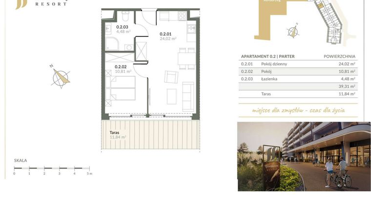 Rzut - Mieszkanie na sprzedaż 2 pokoje o powierzchni 39,31 m² - numer 0.02 w Harmony Resort