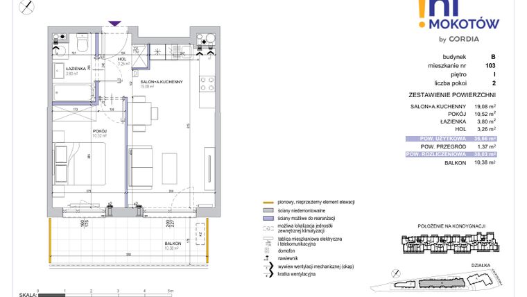 Rzut - Mieszkanie na sprzedaż 2 pokoje o powierzchni 38,03 m² - numer A1.B.103 w Hi Mokotów