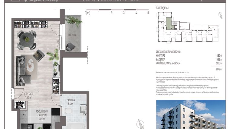 Rzut - Mieszkanie na sprzedaż 1 pokój o powierzchni 37,42 m² - numer M.C.11 w Cichy Zakątek