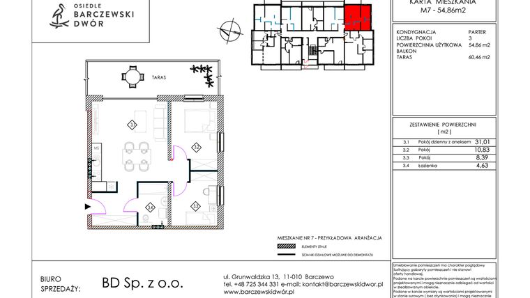 Rzut - Mieszkanie na sprzedaż 3 pokoje o powierzchni 54,86 m² - numer M7 w Osiedle Barczewski Dwór etap III