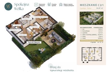 Rzut - Mieszkanie na sprzedaż 3 pokoje o powierzchni 54,97 m² - numer C2/1 w Spokojna Wólka etap IV