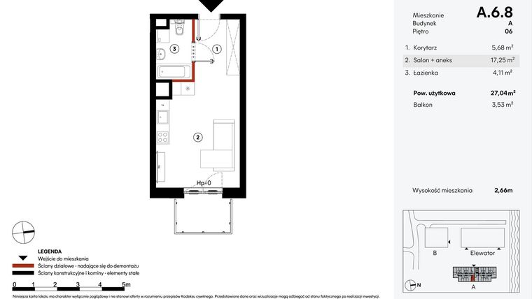 Rzut - Mieszkanie na sprzedaż 1 pokój o powierzchni 27,04 m² - numer A.6.8 w Elewator - Mieszkania i Lofty