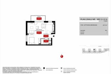 Rzut - Mieszkanie na sprzedaż 1 pokój o powierzchni 42,69 m² - numer WR1 3/1/2/1k w Przystań Reymonta