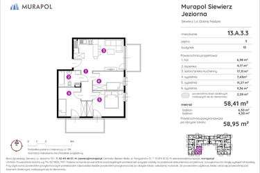 Rzut - Mieszkanie na sprzedaż 4 pokoje o powierzchni 58,95 m² - numer 13.A.3.3 w Murapol Siewierz Jeziorna