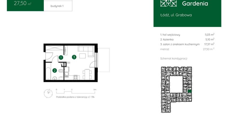 Rzut - Mieszkanie na sprzedaż 1 pokój o powierzchni 27,5 m² - numer 1.B.1.06 w Murapol Gardenia