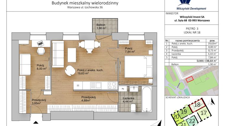Rzut - Mieszkanie na sprzedaż 3 pokoje o powierzchni 48,64 m² - numer 18 w Łochowska 36