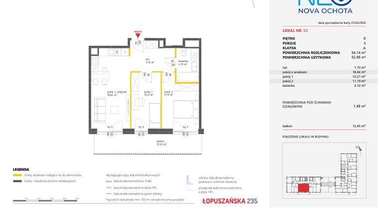 Rzut - Mieszkanie na sprzedaż 3 pokoje o powierzchni 54,14 m² - numer 33 w Neo Nova Ochota