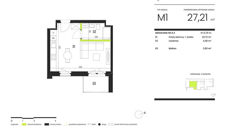 Rzut - Mieszkanie na sprzedaż 1 pokój o powierzchni 27,21 m² - numer NO.4.3 w Ogrody Staromiejskie